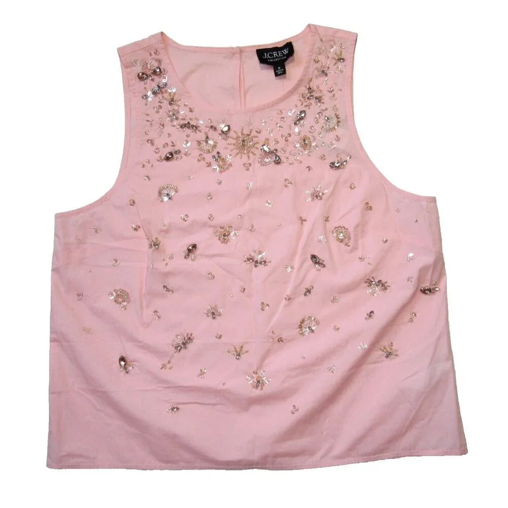 NWT J.Crew Collection Embellished Sleeveless Shell Top in Pink Cotton Poplin M